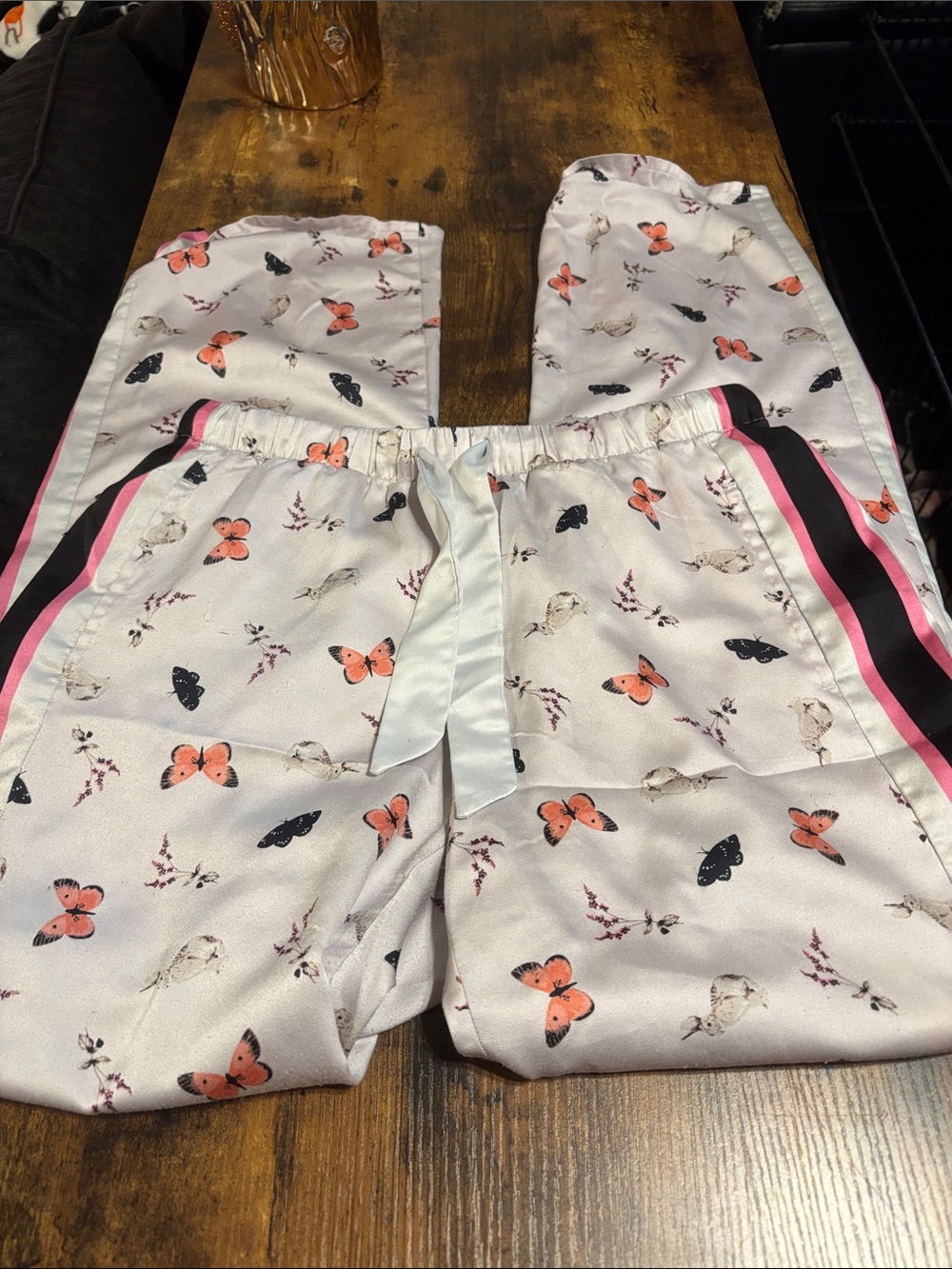 Victoria's Secret White Butterfly Print Pajama Pants with Pink & Black Stripes